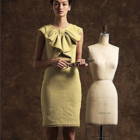 Eva Franco Chartreuse Tweed Bow Dress - Anthropologie Vintage Retro Pin-Up - Picture 1 of 7